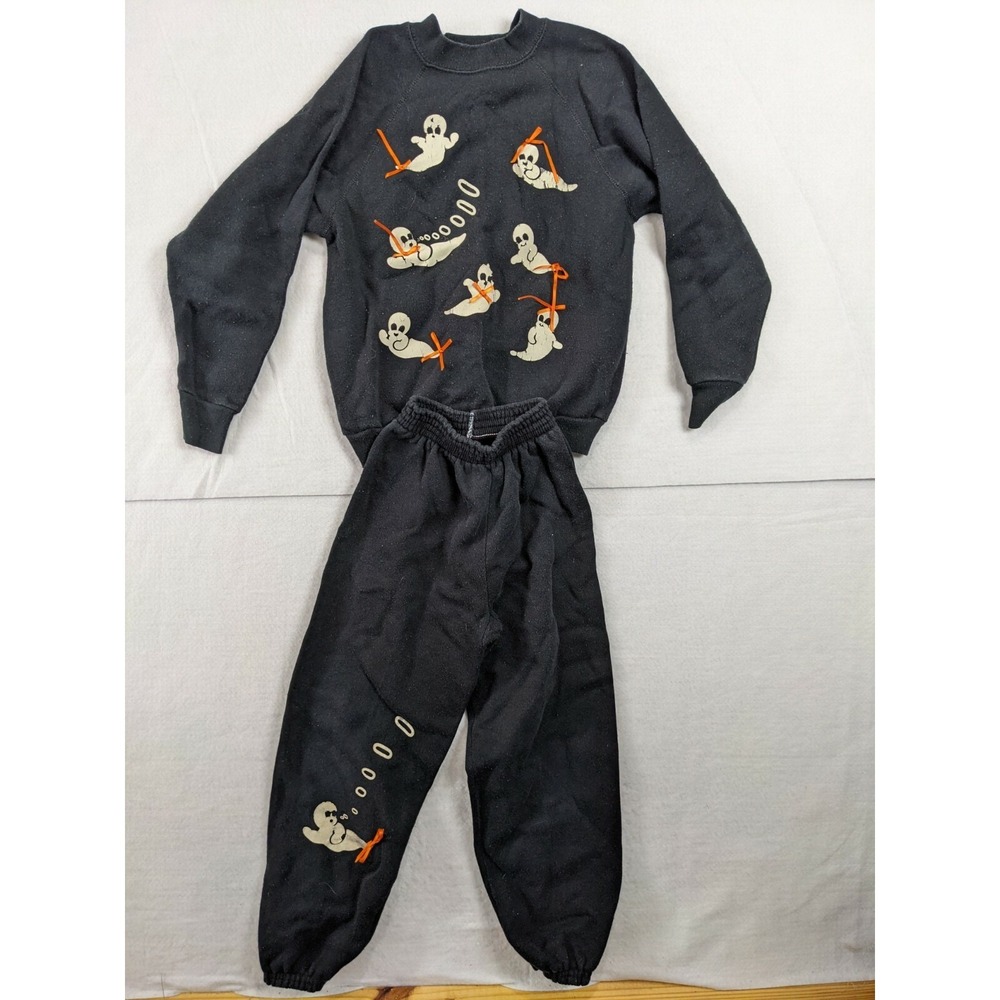 Tultex Halloween Ghost Sweatshirt M 10 / 12 Sweatpants S 6 /‎ 8 Set Black